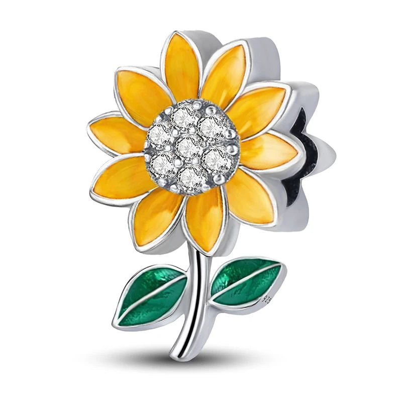 Perline Bracciale Argento 925 Sterling - Collezione Fiori Girasole e Rosa con Zirconi
