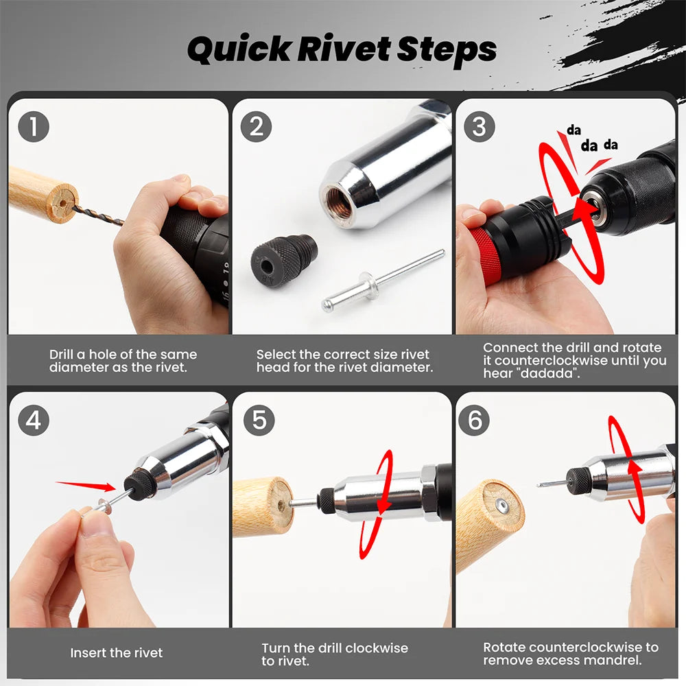 🔧 Rivettatrice Elettrica Senza Fili 6 in 1 - Adattatore per Trapano con 5 Misure (2.4-6.4mm)