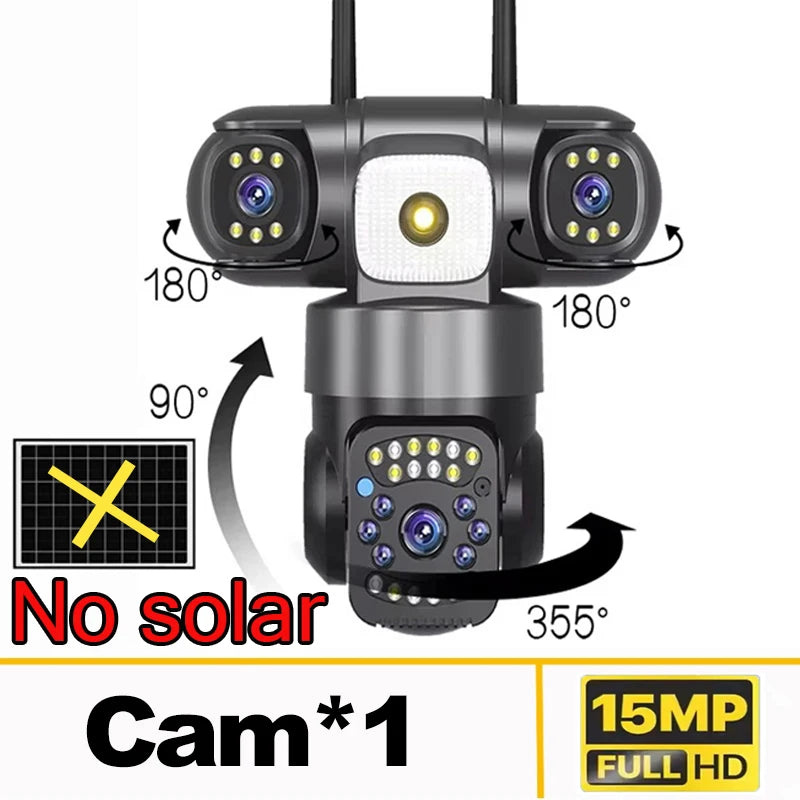 Telecamera IP WiFi Solare PTZ 15MP 3 Lenti Zoom 10X, Visione Notturna, PIR, Batteria 20000mAh Esterno Impermeabile