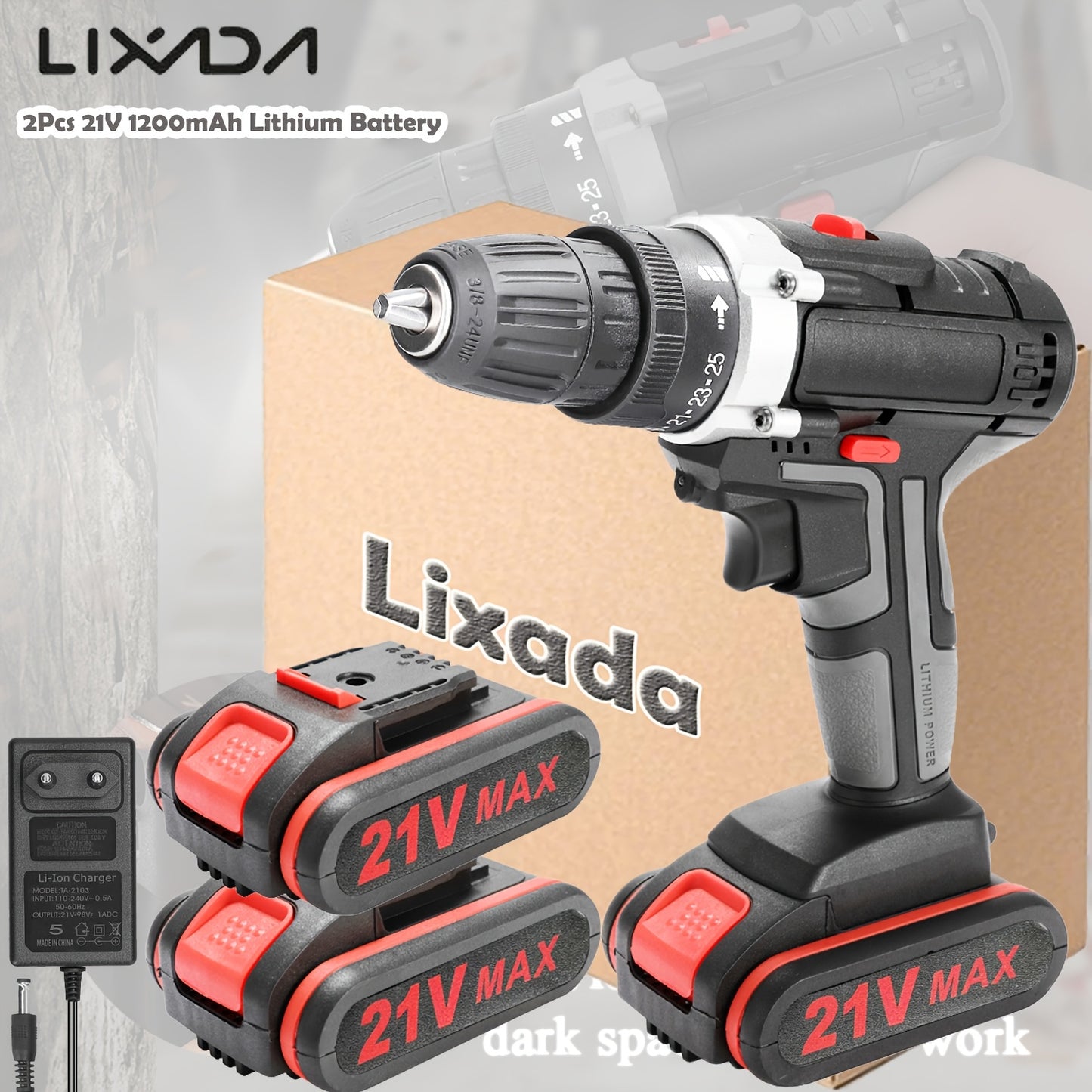 Kit Trapano Senza Fili Lixada 21V con 2 Batterie - 1450 RPM - Per Casa/Officina