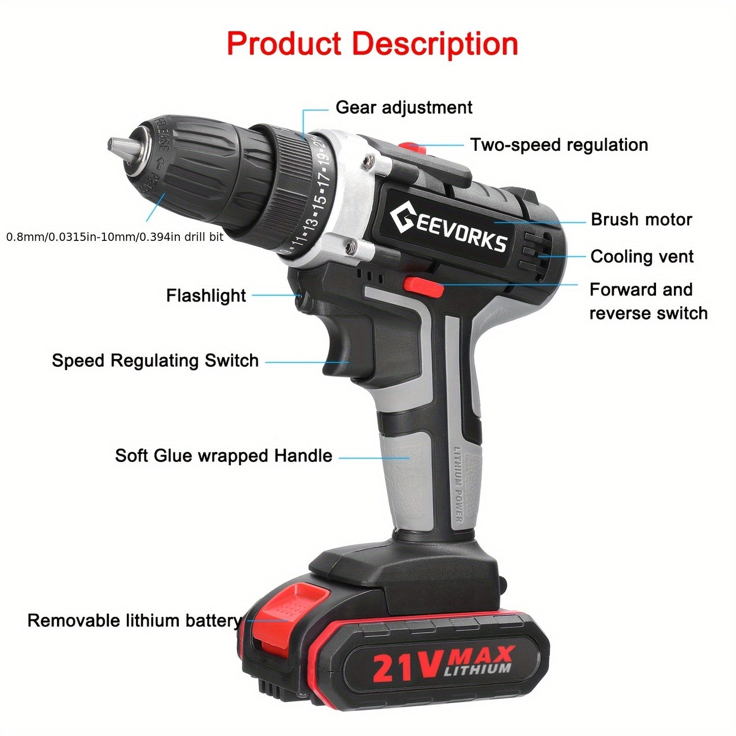 Kit Trapano Senza Fili Lixada 21V con 2 Batterie - 1450 RPM - Per Casa/Officina