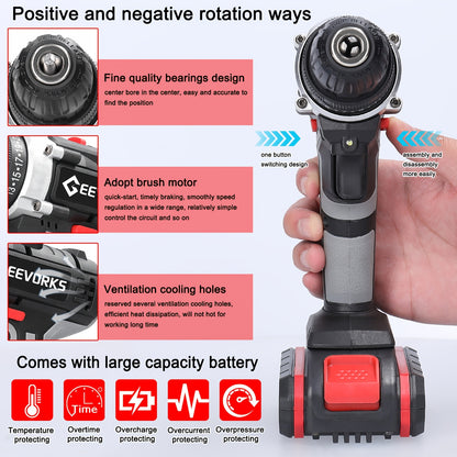 Kit Trapano Senza Fili Lixada 21V con 2 Batterie - 1450 RPM - Per Casa/Officina