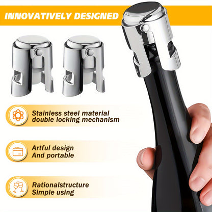Set 2 Tappi Champagne in Acciaio Inossidabile - Sigillare/Conservare Vino - Regalo Elegante