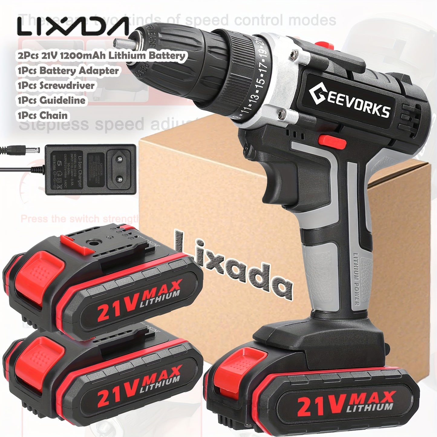 Kit Trapano Senza Fili Lixada 21V con 2 Batterie - 1450 RPM - Per Casa/Officina