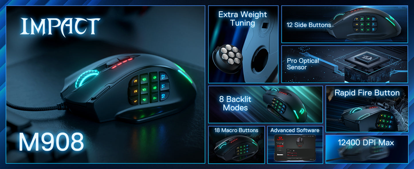 Mouse da Gioco Professionale - 18 Tasti Macro, 12400 DPI, Retroilluminazione RGB
