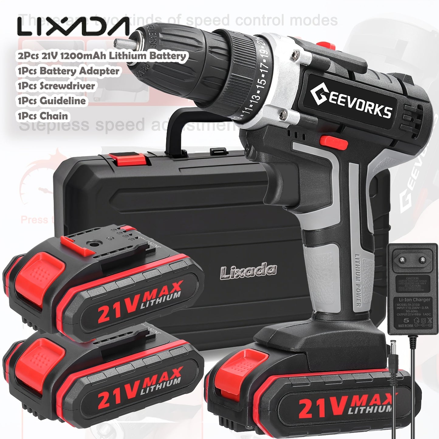 Kit Trapano Senza Fili Lixada 21V con 2 Batterie - 1450 RPM - Per Casa/Officina