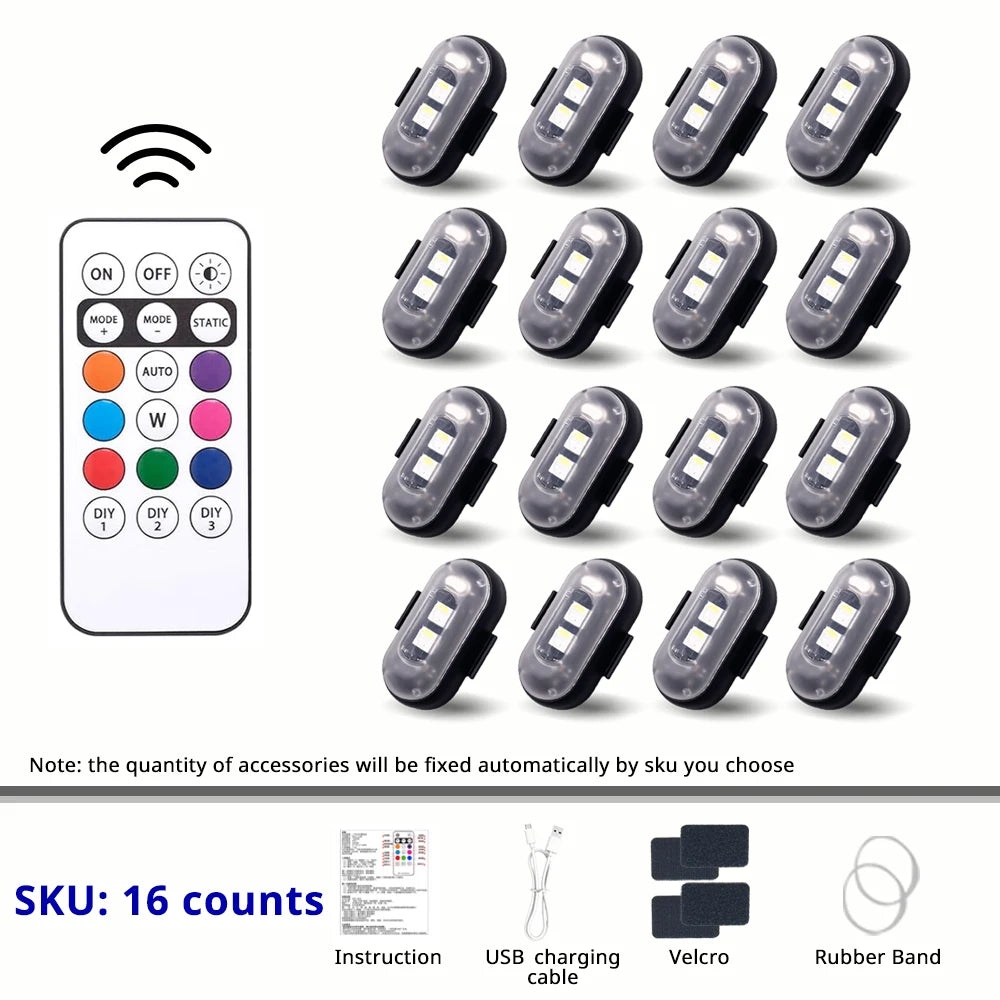 Luci Multiuso - Auto Stroboscopiche RGB Wireless | 8 Colori, 10 Modalità, Telecomando, Ricaricabili | per Esterni/Interni Veicoli