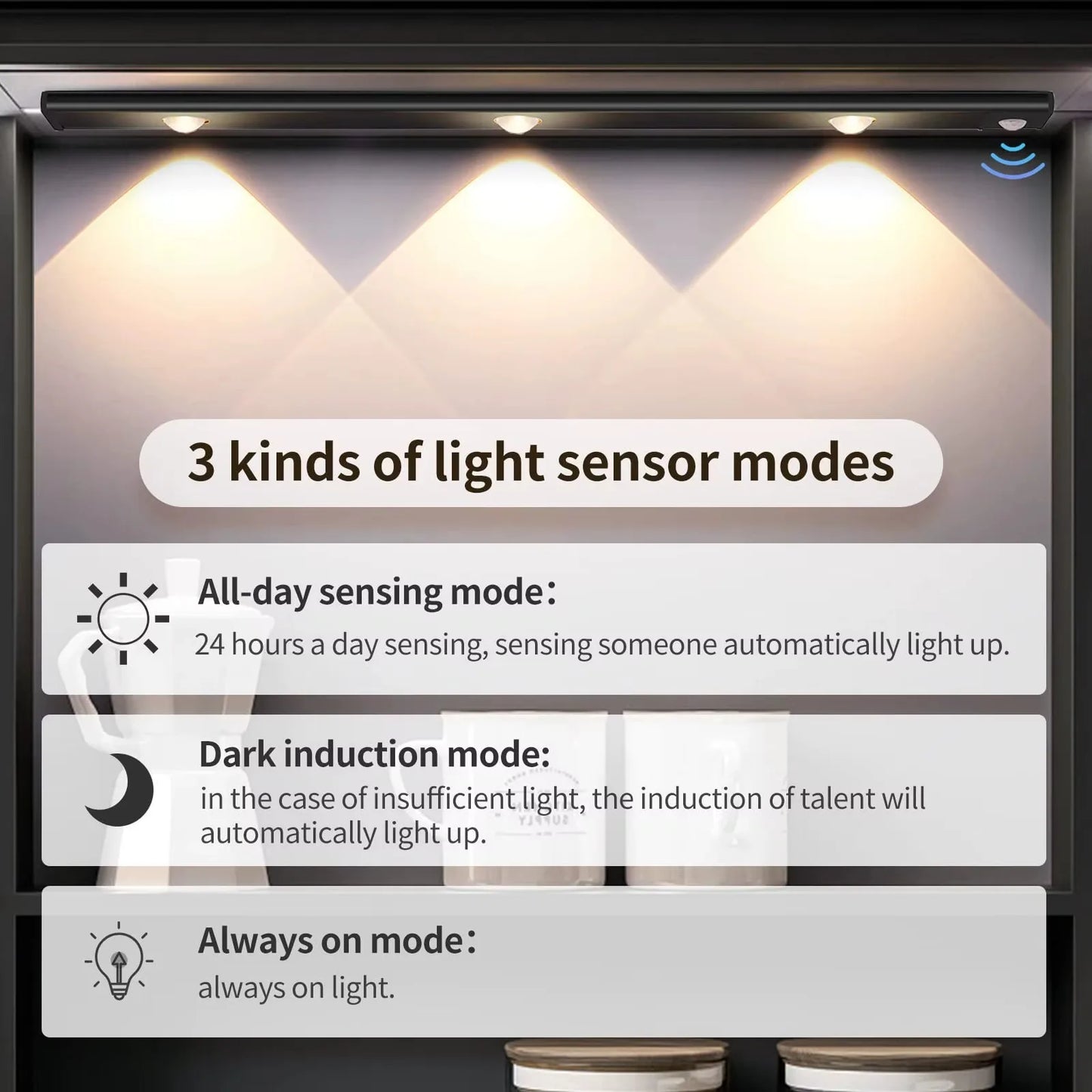 Luci LED Ultra Sottili Sotto Armadio | Sensore Movimento , 3 Colori Dimmerabili | per Cucina, Camera, Guardaroba
