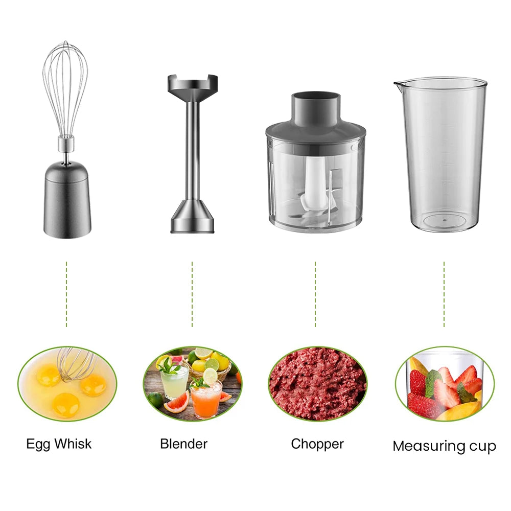Frullatore a Immersione 1000W 4-in-1 | Lame Acciaio, Frusta, Bicchiere 700ml+500ml