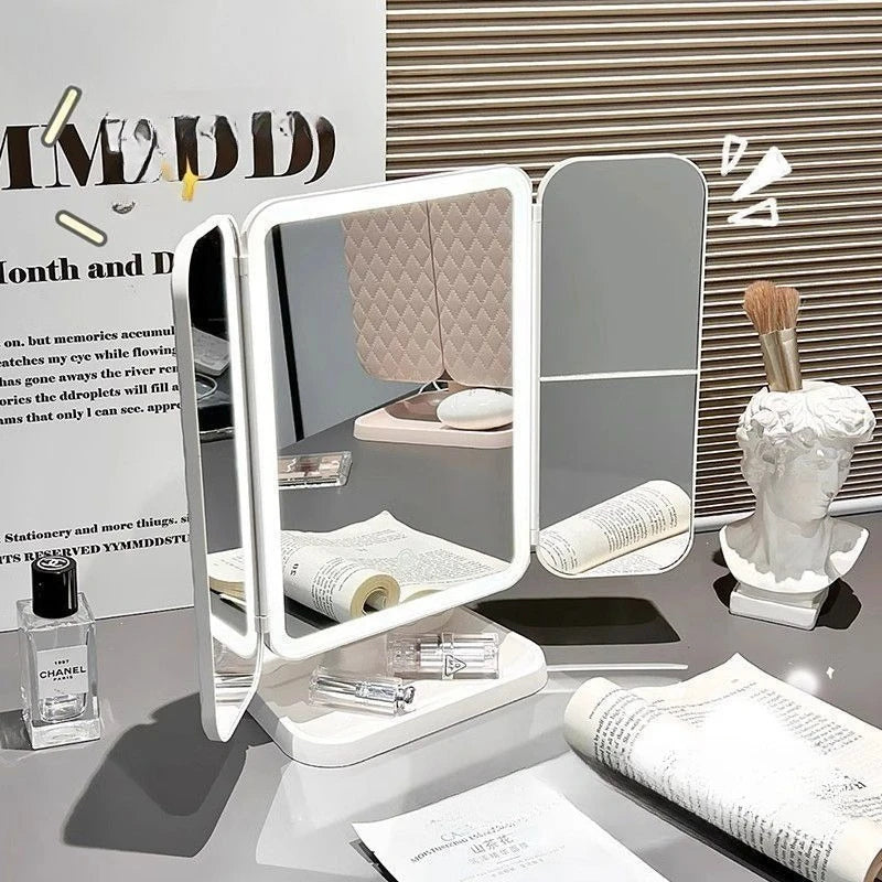 Specchio Trucco LED Triplo Portatile | Doppia Antina, Touch 3 Luci, Base 360° Rotante | Vanity Desktop