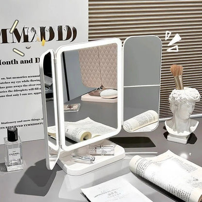 Specchio Trucco LED Triplo Portatile | Doppia Antina, Touch 3 Luci, Base 360° Rotante | Vanity Desktop