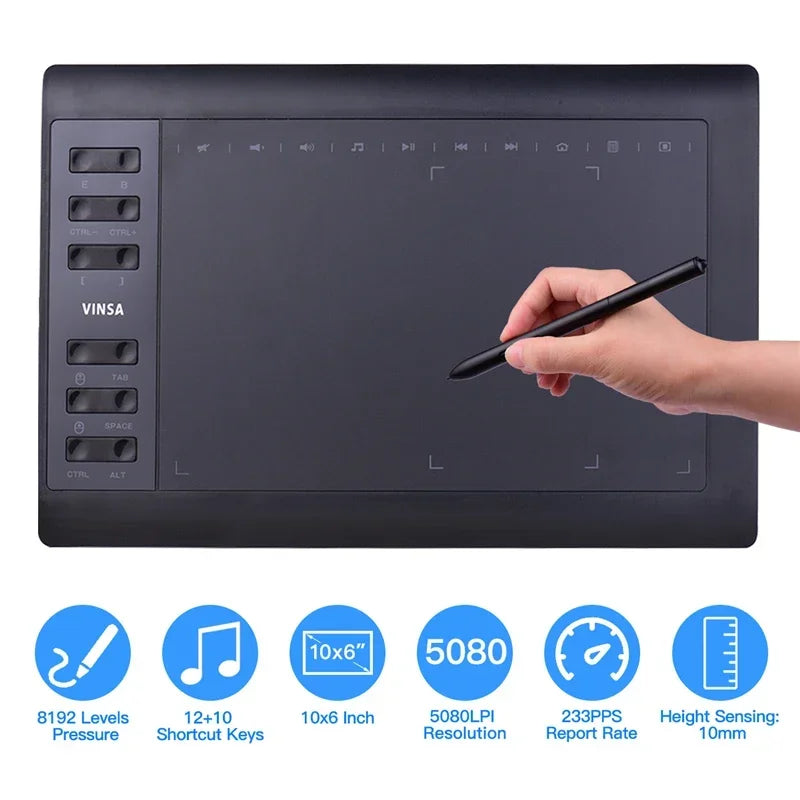 Tavoletta Grafica 10x6" - 8192 Livelli, 12 Tasti Express, Senza Batteria