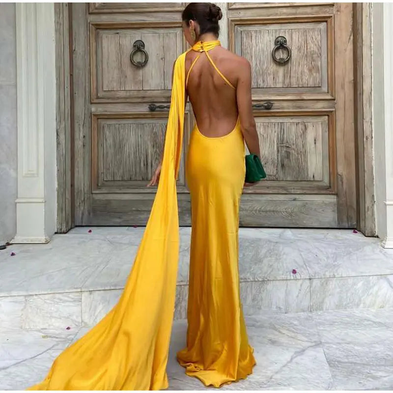 ABITO LUNGO ELEGANTE DONNA – Stile Senza Spalle con Schiena Nuda, Perfetto per l’Estate 2025!