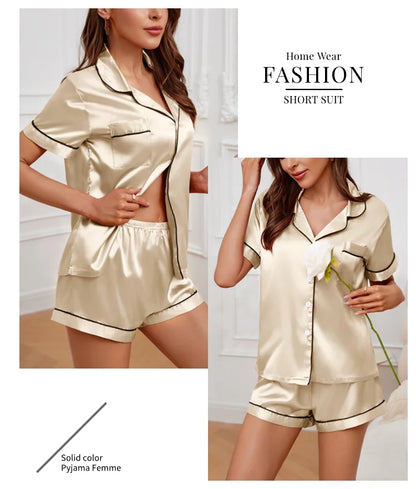 Pigiama Satin Donna - Top con Bottoni + Shorts - Set Notte Estat
