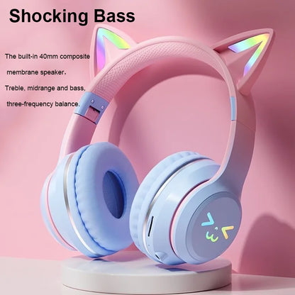 Cuffie Gatto Bluetooth 5.1 – Luci LED Colorate, Graziose Orecchie, Stereo HD
