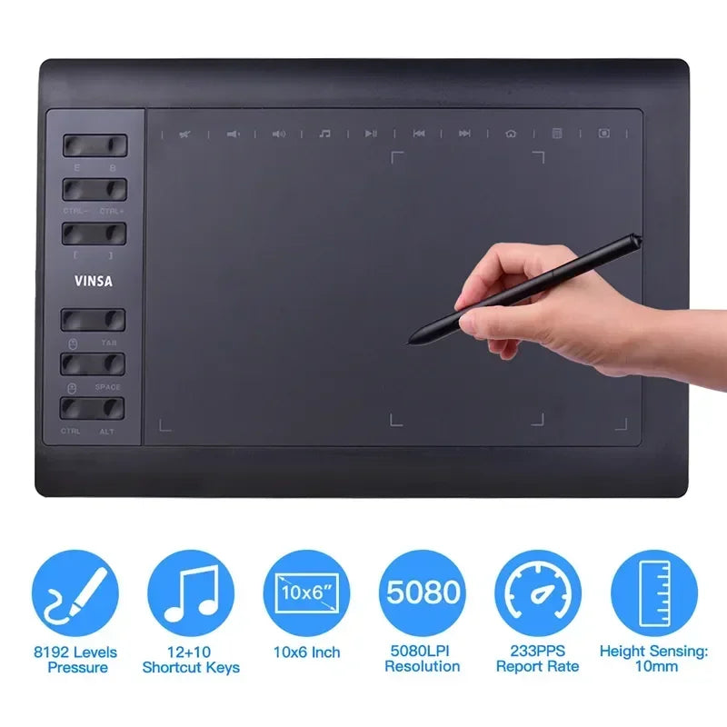 Tavoletta Grafica 10x6" - 8192 Livelli, 12 Tasti Express, Senza Batteria