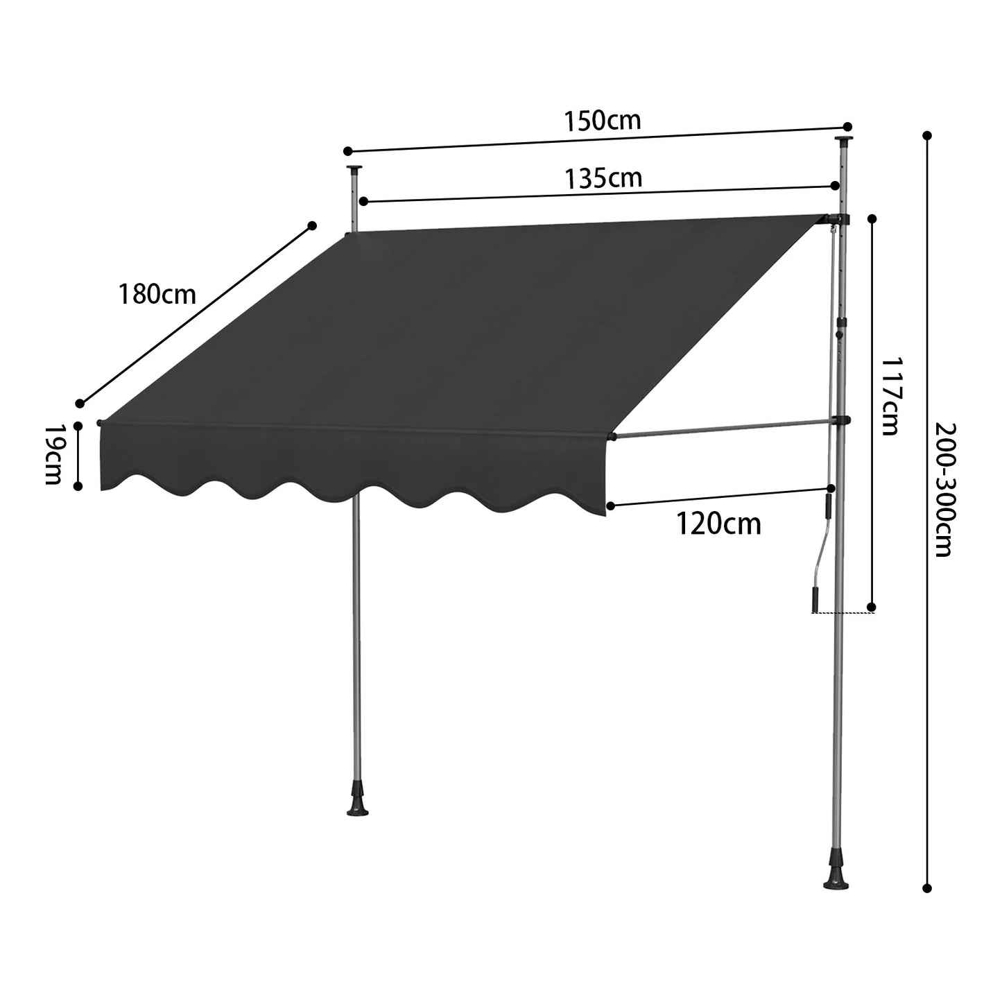 Tenda da Sole Manuale con Manovella 350x120 cm Retrattile, Altezza Regolabile 200-300cm Senza Foratura per Balcone, Giardino
