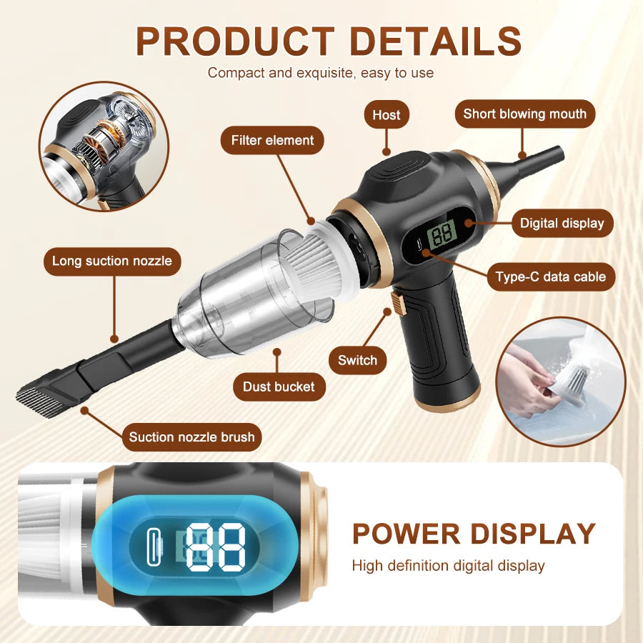Aspirapolvere & Soffiatore Wireless Auto/Casa ABS 130W | Potente Pulitore per Auto, Divano, Ufficio, Tappeti | Macchina Ricaricabile per la Casa