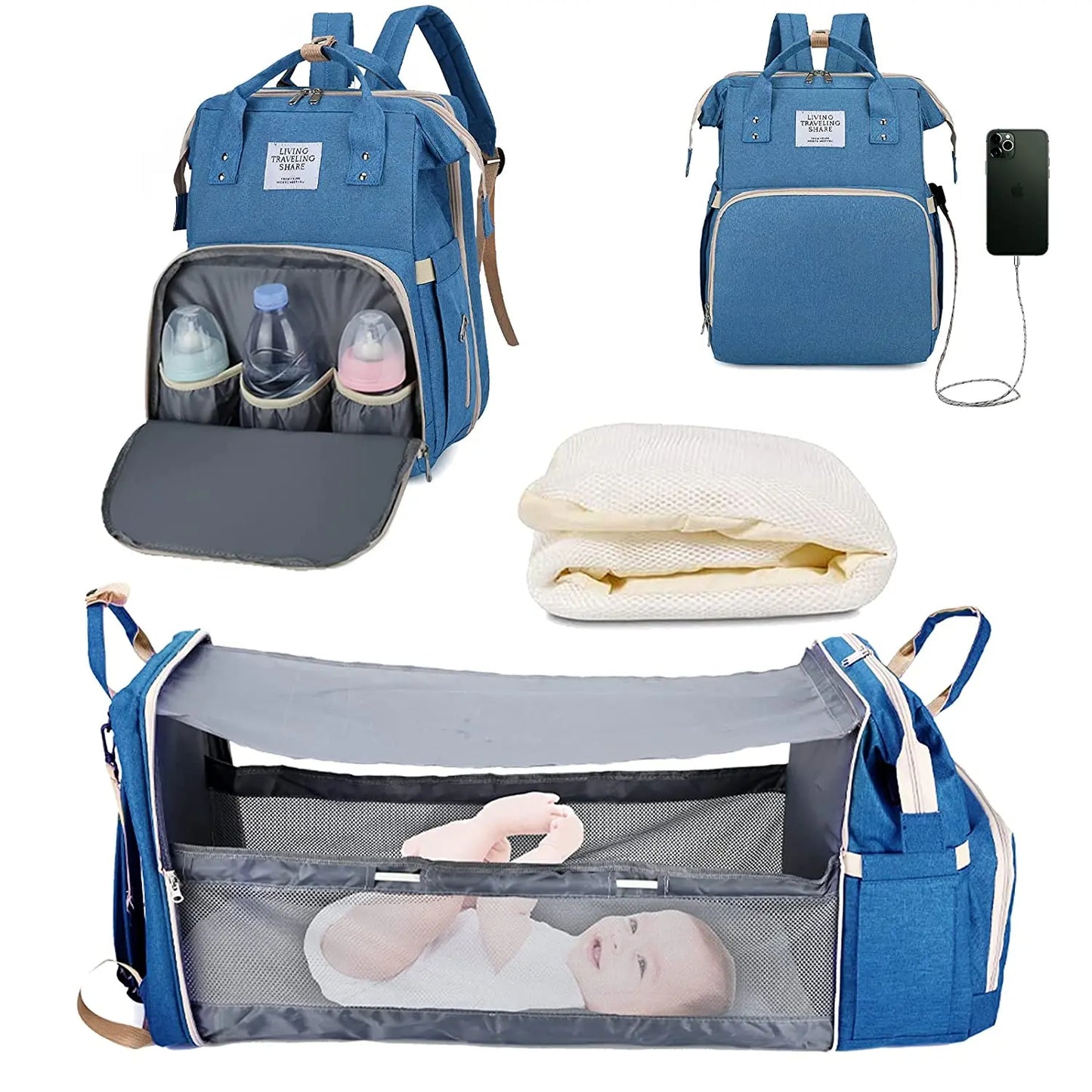 Zaino Pannolini 3in1 Impermeabile USB, Borsa Viaggio con Fasciatoio, 15 Tasche