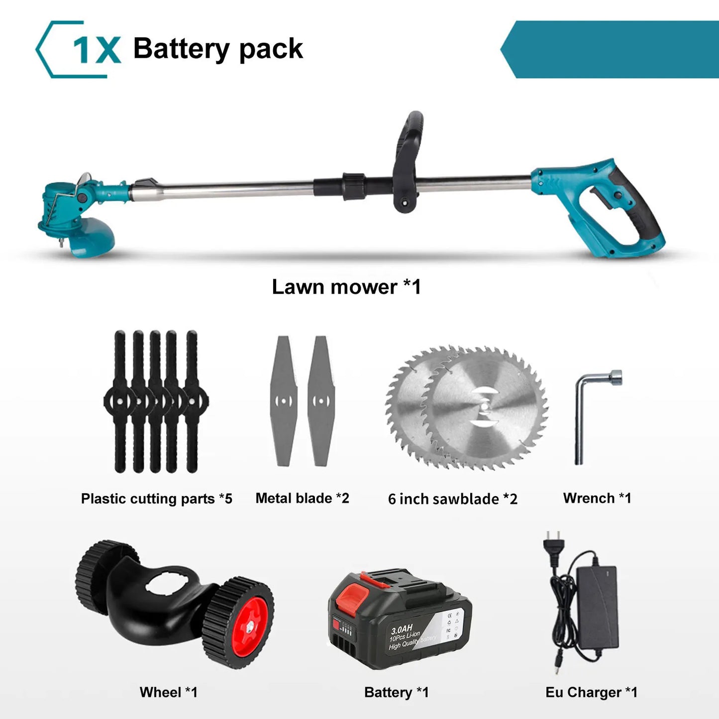 Tagliaerba Elettrico 1500W a Batteria | 12000RPM, 3 Lame Incluse | Decespugliatore per Giardino, Prato, Bordure