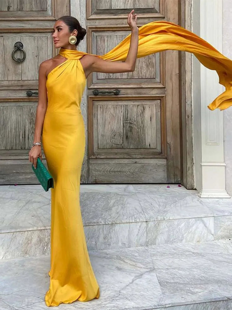 ABITO LUNGO ELEGANTE DONNA – Stile Senza Spalle con Schiena Nuda, Perfetto per l’Estate 2025!