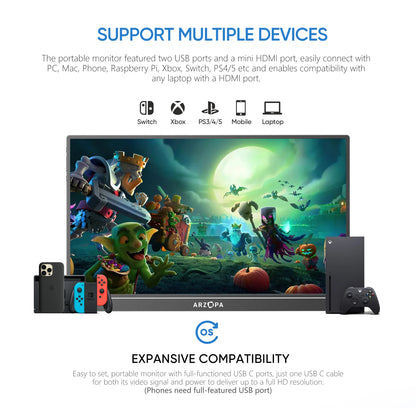 Monitor Portatile 16.1" ARZOPA Z1C | FHD IPS 100% sRGB, 350 Nit | Schermo Esterno per Mac, PC, Console