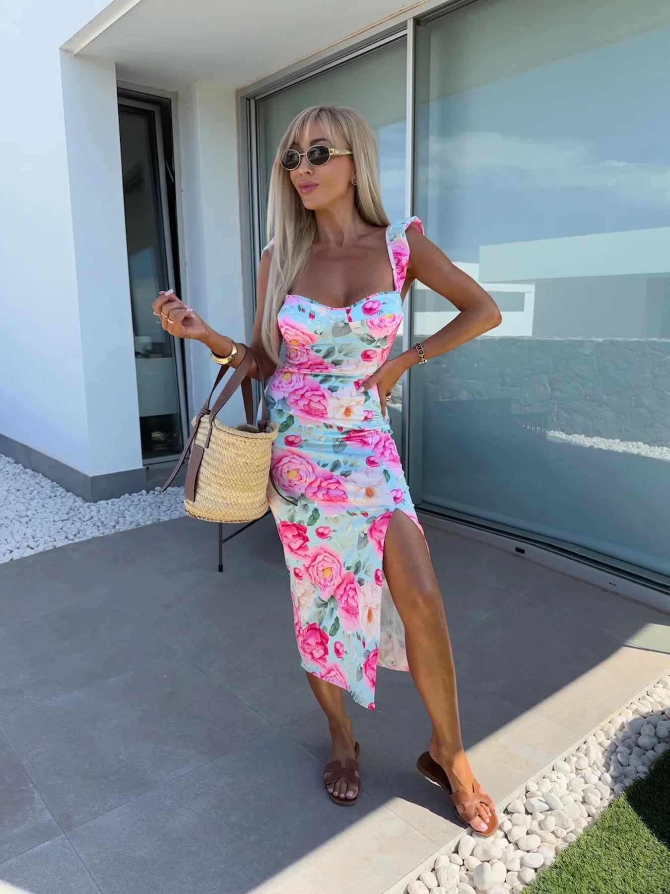 Vestito Midi Floreale Elegante - Abito Estate Donna con Spacco Laterale