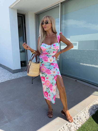 Vestito Midi Floreale Elegante - Abito Estate Donna con Spacco Laterale