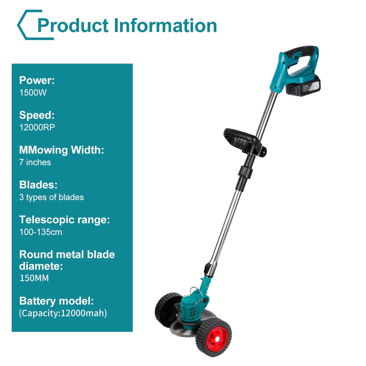Tagliaerba Elettrico 1500W a Batteria | 12000RPM, 3 Lame Incluse | Decespugliatore per Giardino, Prato, Bordure