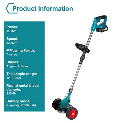 Tagliaerba Elettrico 1500W a Batteria | 12000RPM, 3 Lame Incluse | Decespugliatore per Giardino, Prato, Bordure