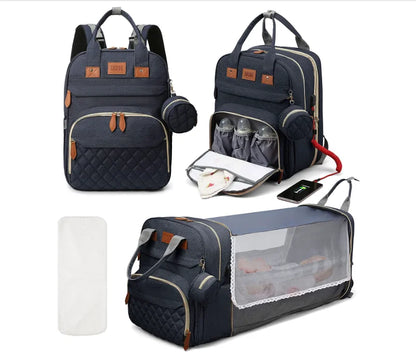 Zaino Pannolini 3in1 Impermeabile USB, Borsa Viaggio con Fasciatoio, 15 Tasche