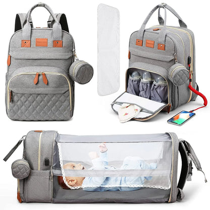 Zaino Pannolini 3in1 Impermeabile USB, Borsa Viaggio con Fasciatoio, 15 Tasche