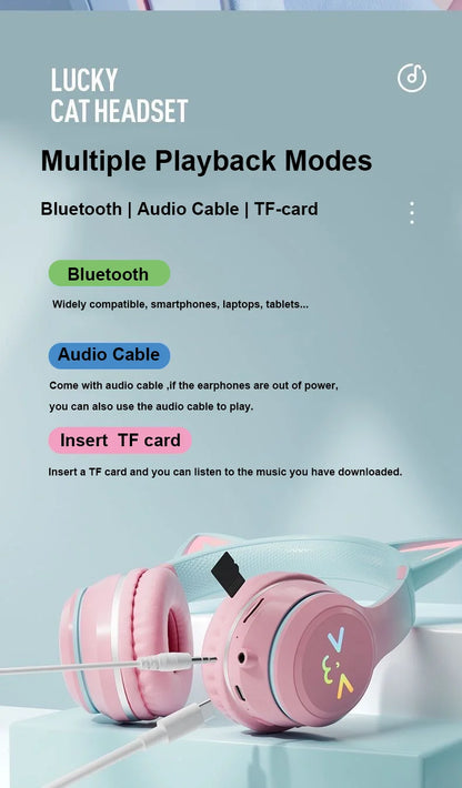 Cuffie Gatto Bluetooth 5.1 – Luci LED Colorate, Graziose Orecchie, Stereo HD