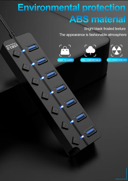 Hub USB 3.0 4/7 Porte con Interruttore e LED | Cavo 100cm, 5Gbps, Alimentato da BUS | Multi Splitter per Computer, Laptop, PC