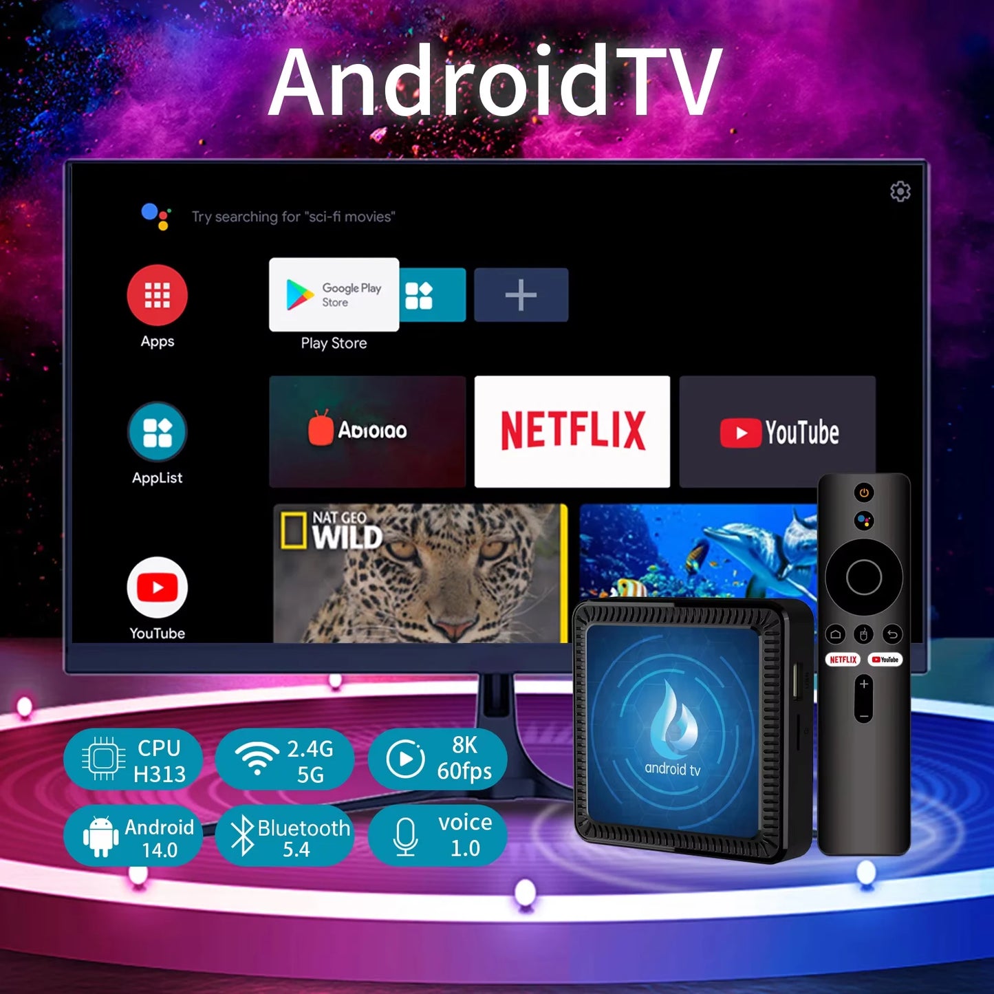 TV Box Android 14 Q17 2026 | 5G WiFi | 4+128GB | Allwinner H313 | 4K Assistant