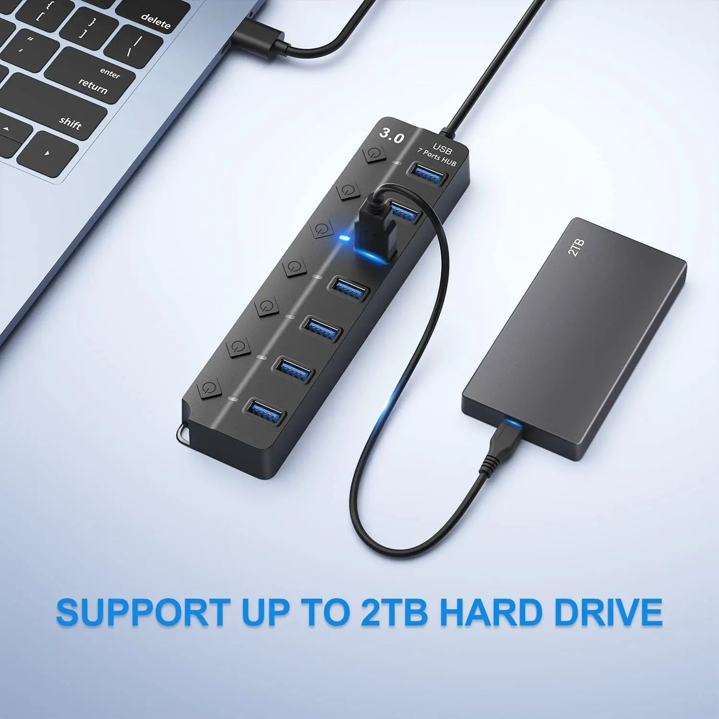 Hub USB 3.0 4/7 Porte con Interruttore e LED | Cavo 100cm, 5Gbps, Alimentato da BUS | Multi Splitter per Computer, Laptop, PC