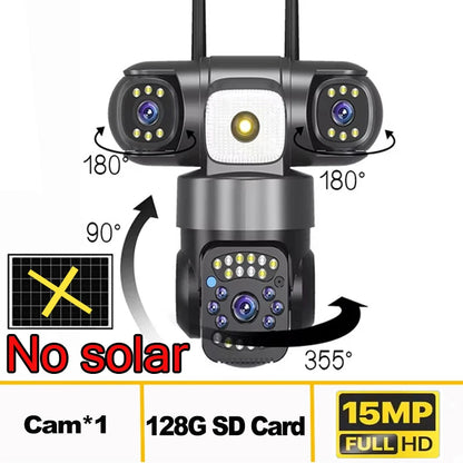 Telecamera IP WiFi Solare PTZ 15MP 3 Lenti Zoom 10X, Visione Notturna, PIR, Batteria 20000mAh Esterno Impermeabile
