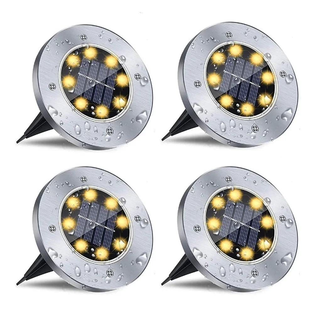 4 Pezzi Luci Solari Interrate a Disco 8LED | Acciaio Inox, Impermeabile, per Esterni | Luce da Giardino, Vialetto, Terrazzo