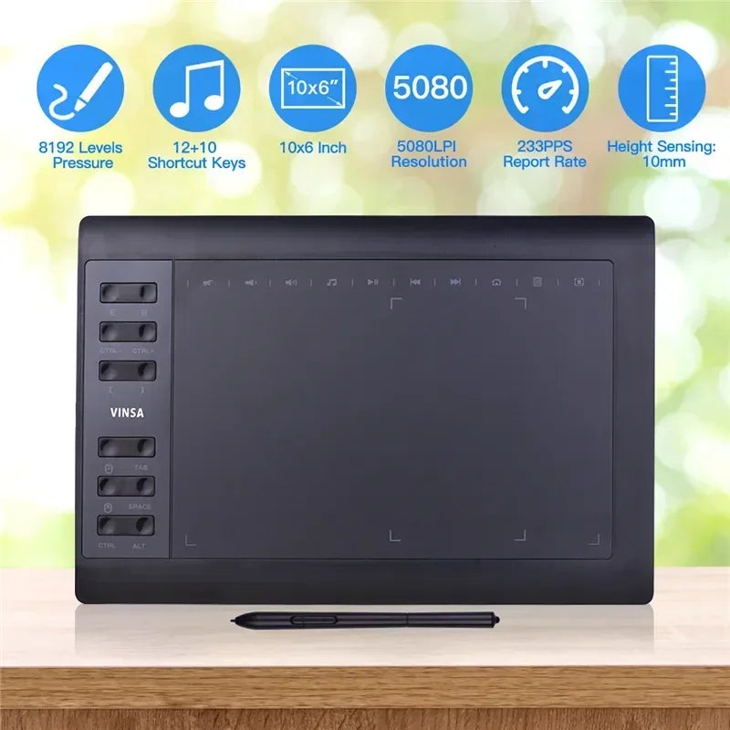 Tavoletta Grafica 10x6" - 8192 Livelli, 12 Tasti Express, Senza Batteria