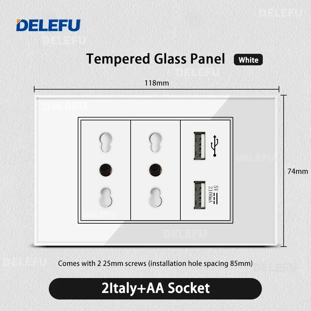 ⚡ Presa Muro Smart DELEFU - Vetro Temperato Bianco, USB Type-C, Ricarica Rapida 20W, Compatibile con Schuko Italia