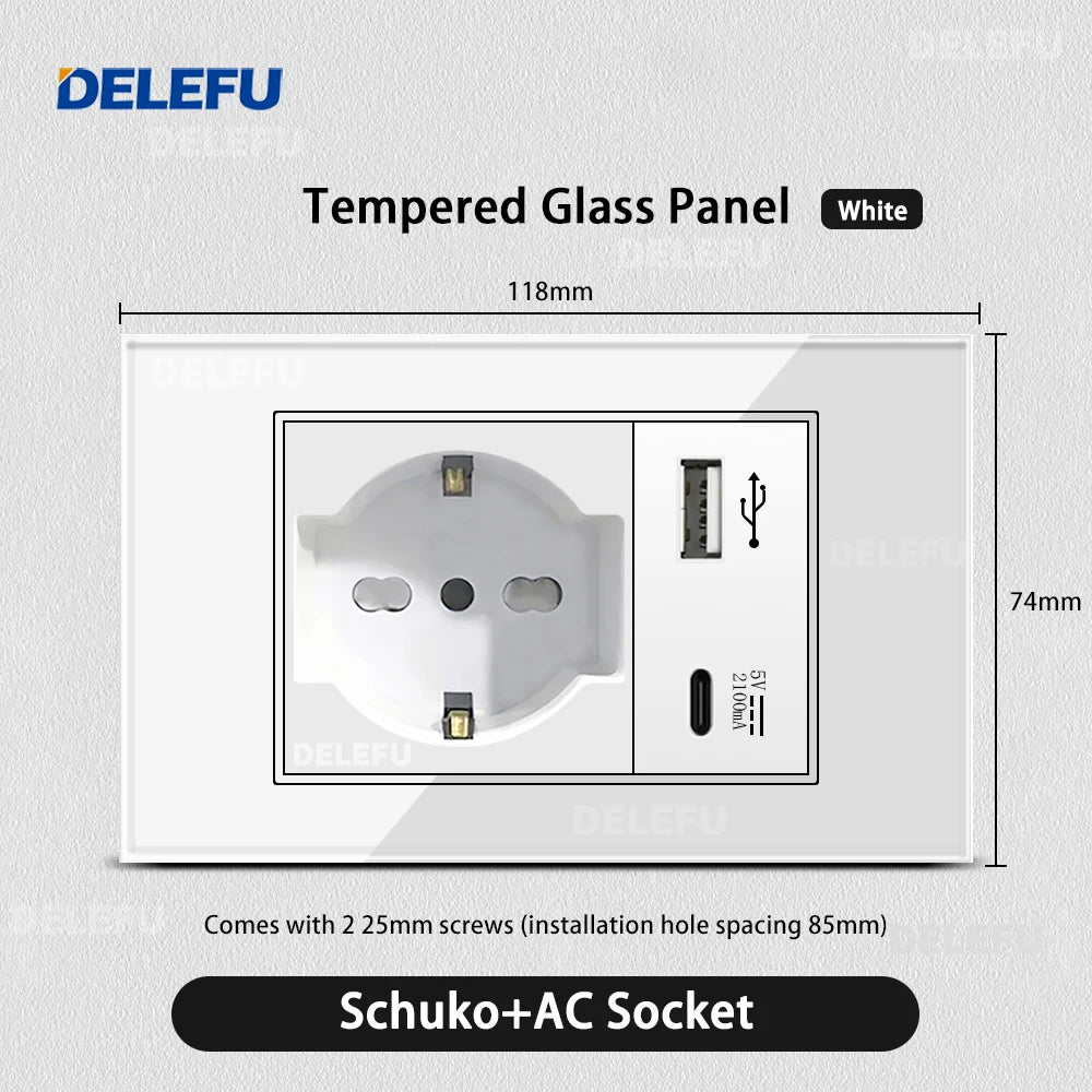 ⚡ Presa Muro Smart DELEFU - Vetro Temperato Bianco, USB Type-C, Ricarica Rapida 20W, Compatibile con Schuko Italia
