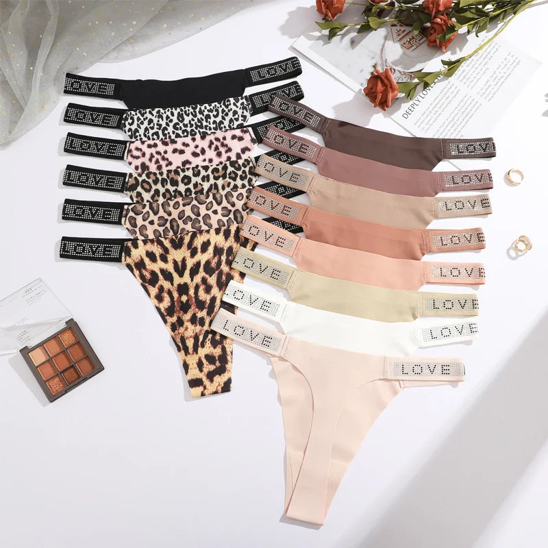 7 PERIZOMA LEOPARDO con LETTERA CRISTALLO - G-String Vita Bassa Senza Cuciture