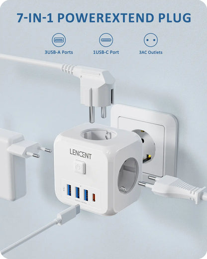 Extender Presa 7-in-1 - 3 USB + 1 Tipo C + 3 Prese EU con Interruttore