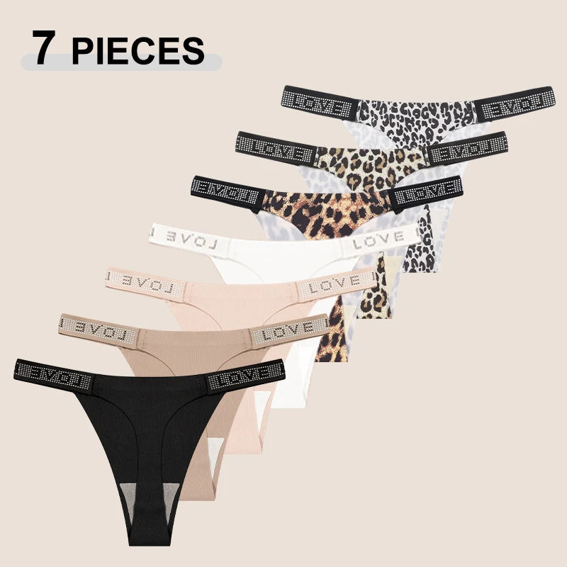 7 PERIZOMA LEOPARDO con LETTERA CRISTALLO - G-String Vita Bassa Senza Cuciture
