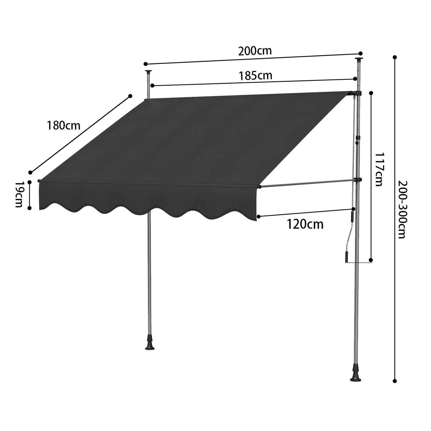 Tenda da Sole Manuale con Manovella 350x120 cm Retrattile, Altezza Regolabile 200-300cm Senza Foratura per Balcone, Giardino