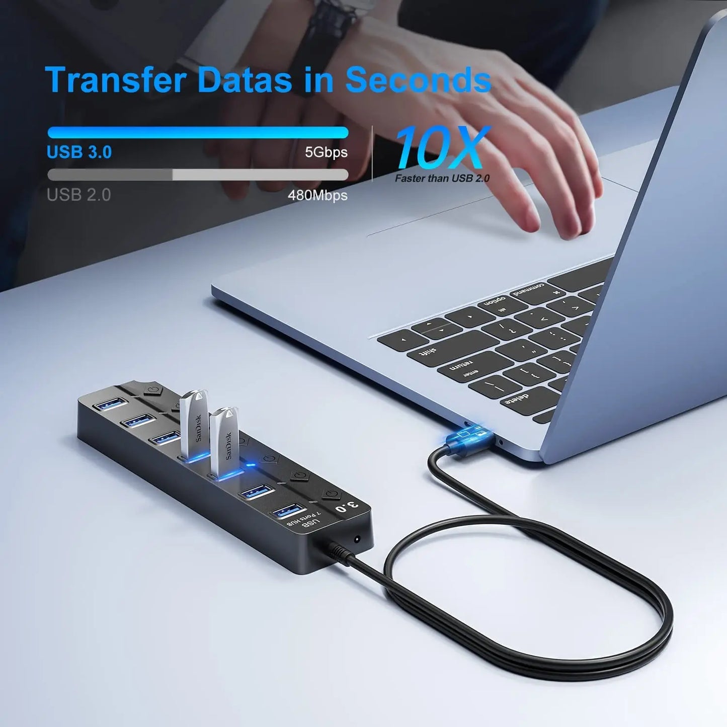 Hub USB 3.0 4/7 Porte con Interruttore e LED | Cavo 100cm, 5Gbps, Alimentato da BUS | Multi Splitter per Computer, Laptop, PC