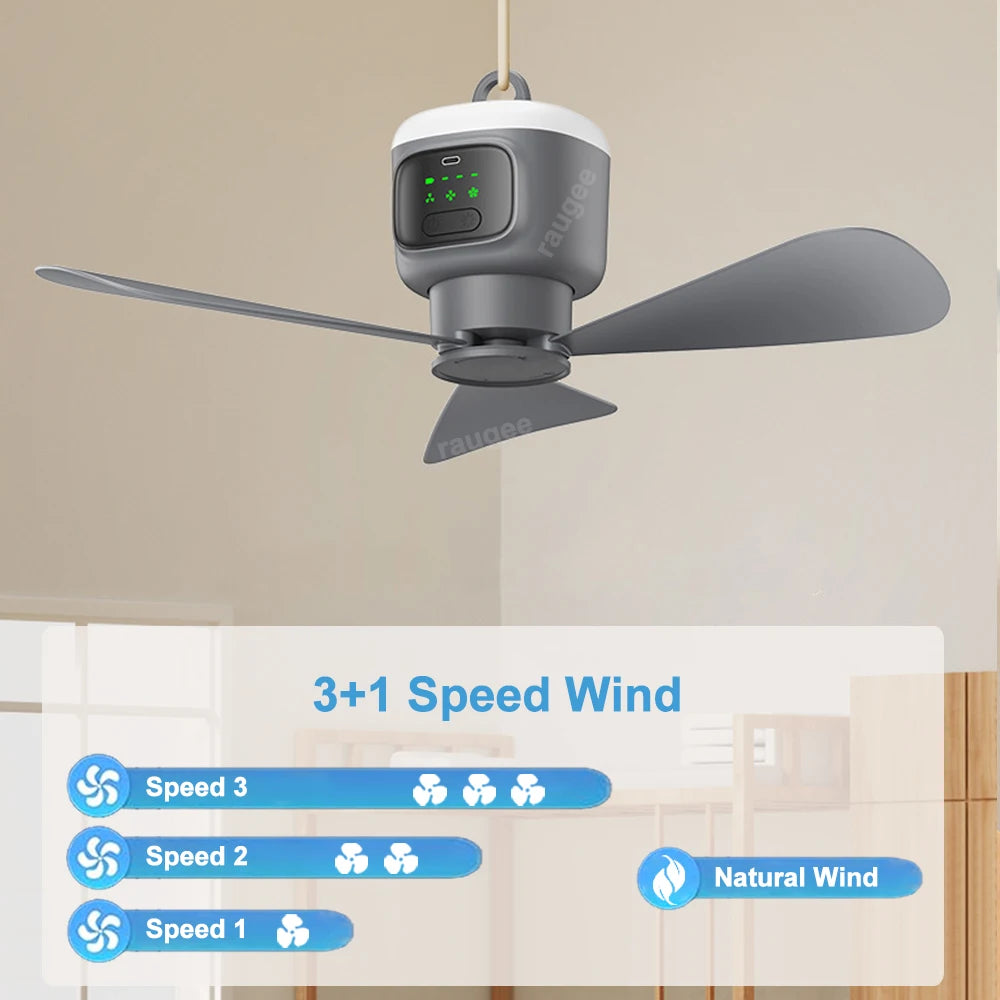 Ventilatore Soffitto Portatile 12000mAh - Ricaricabile, LED, Telecomando per Campeggio