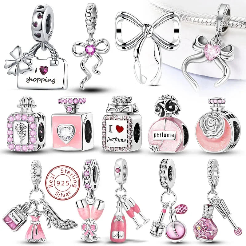 Ciondoli Argento 925 - Fiocco, Bottiglietta Profumo Rosa, Charm Femminili per Bracciali Fai-Da-TeDolci e raffinati, perfetti per creare gioielli unici. Regalo ideale per donne e ragazze!