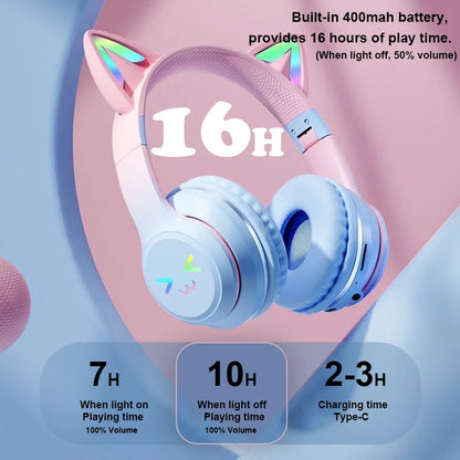 Cuffie Gatto Bluetooth 5.1 – Luci LED Colorate, Graziose Orecchie, Stereo HD