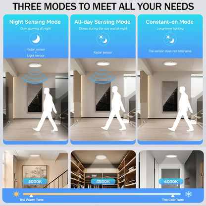 Luce Soffitto a Sensore di Movimento Ricaricabile USB | Lampada Magnetica Wireless con Telecomando | LED 3 Colori Dimmerabile per Cucina, Camera, Corridoio